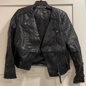 Topshop Quilted Faux Leather Biker Jacket in Black